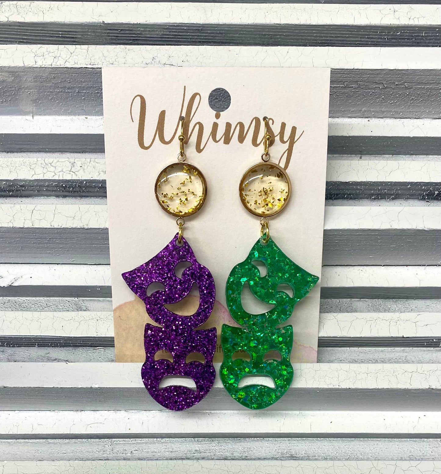 Mardi Gras Glitter Mask Earrings with Gold/Clear Glitter Stone / Whimsy Jewels