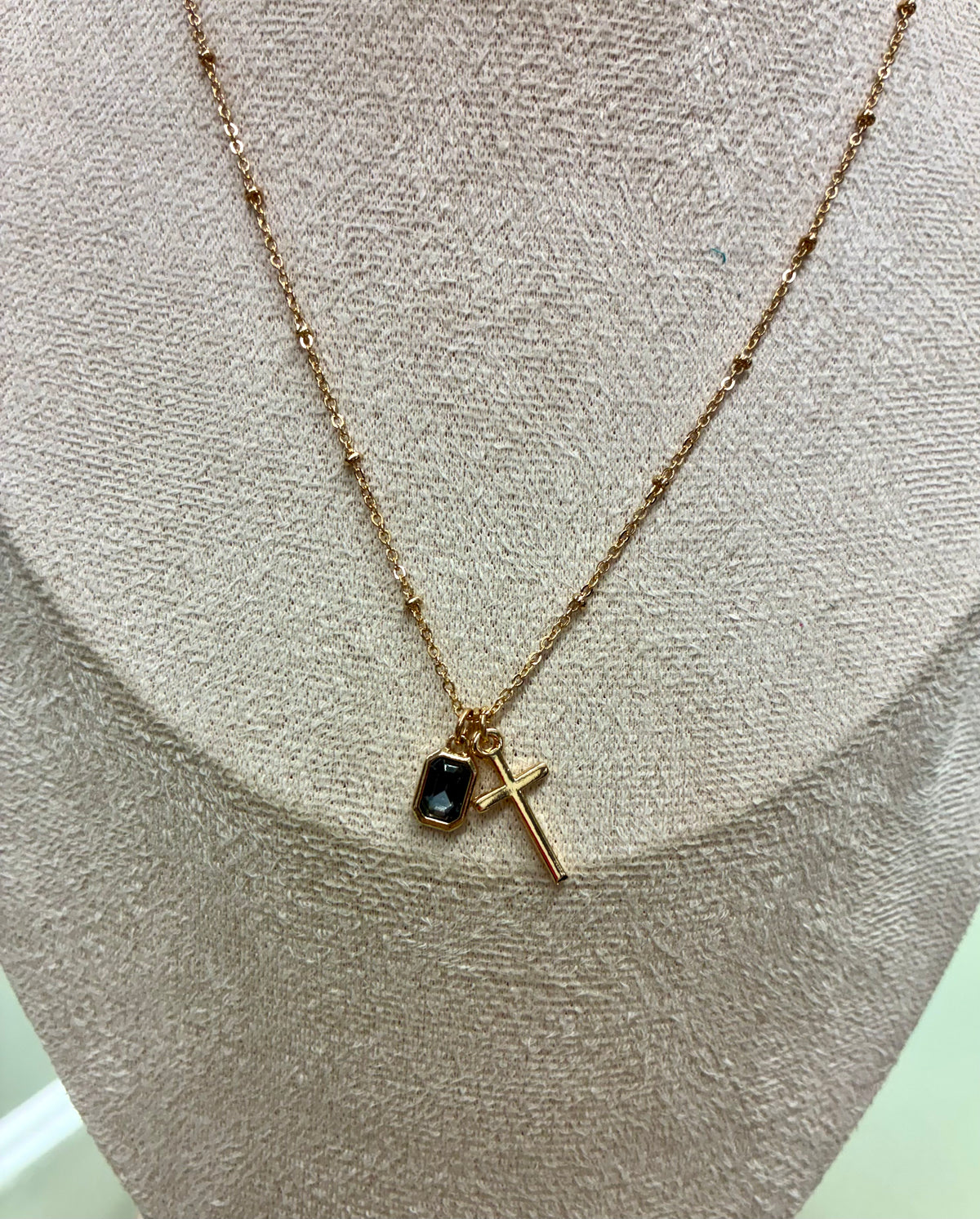 Dainty Gold Cross Necklace with Colored Stone