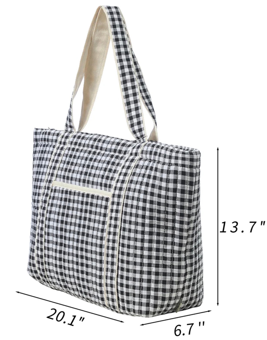 Black Gingham Check Quilted Tote Bag with Shoulder Straps