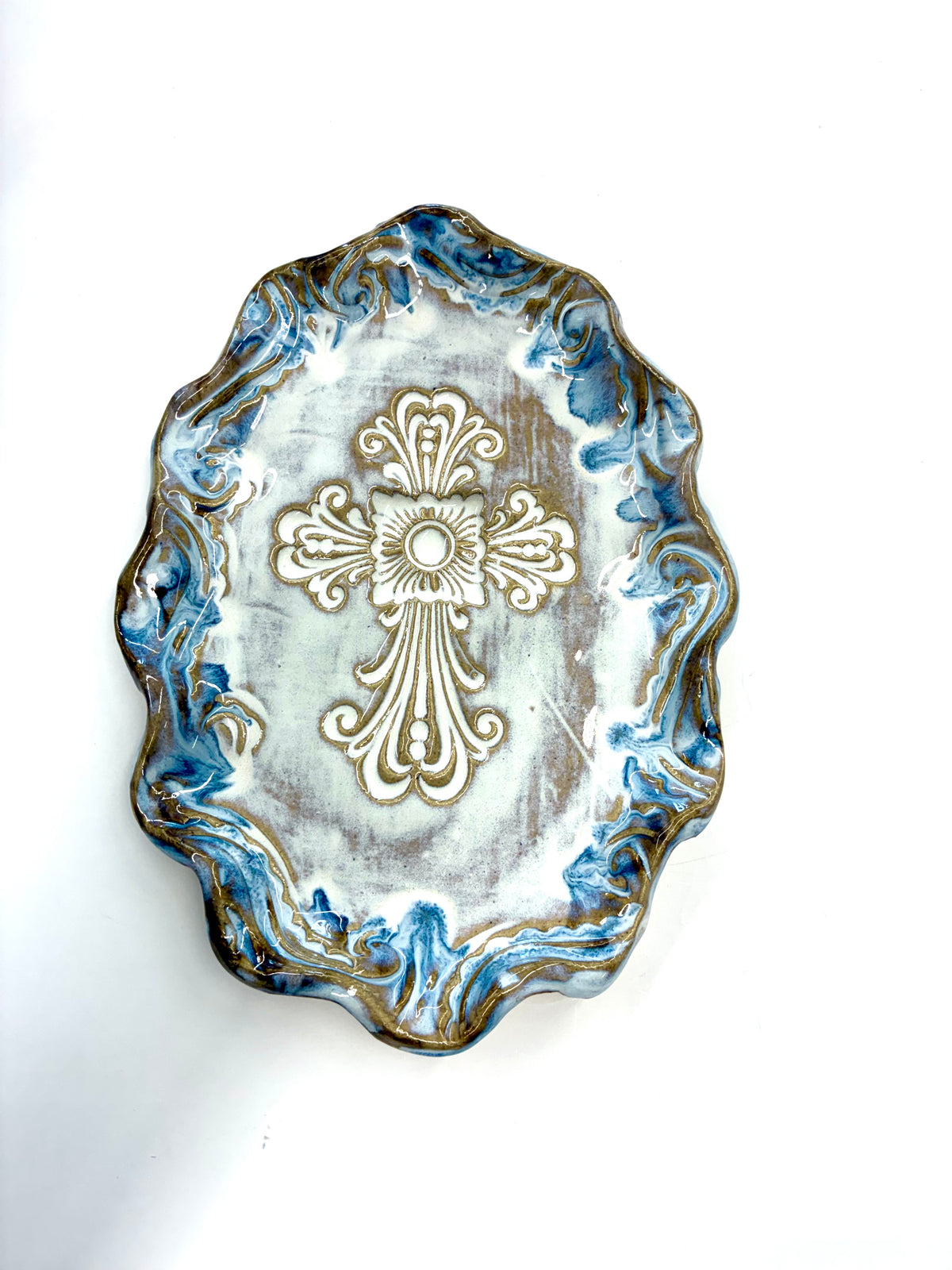 Ruffled Filigree Cross Tray - Tab Boren Pottery 10x7  #408