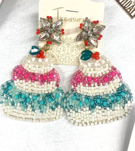 Seed Bead & Rhinestone Birthday Cake Earrings