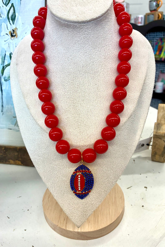 Beaded Red Necklace with Red & Blue Rhinestone Football