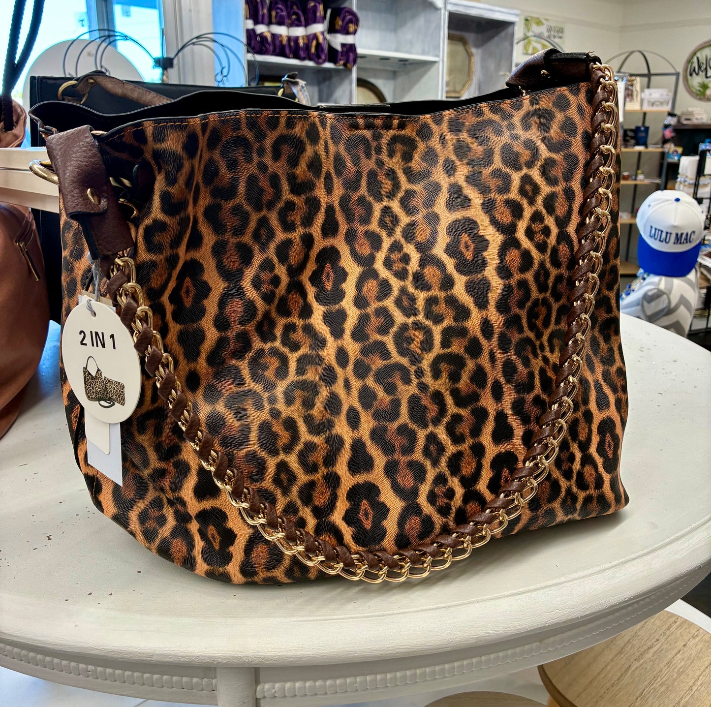 2 in 1 Leopard Print Hobo Style Bag with Chain Strap with extra Pouch for or for Crossbody