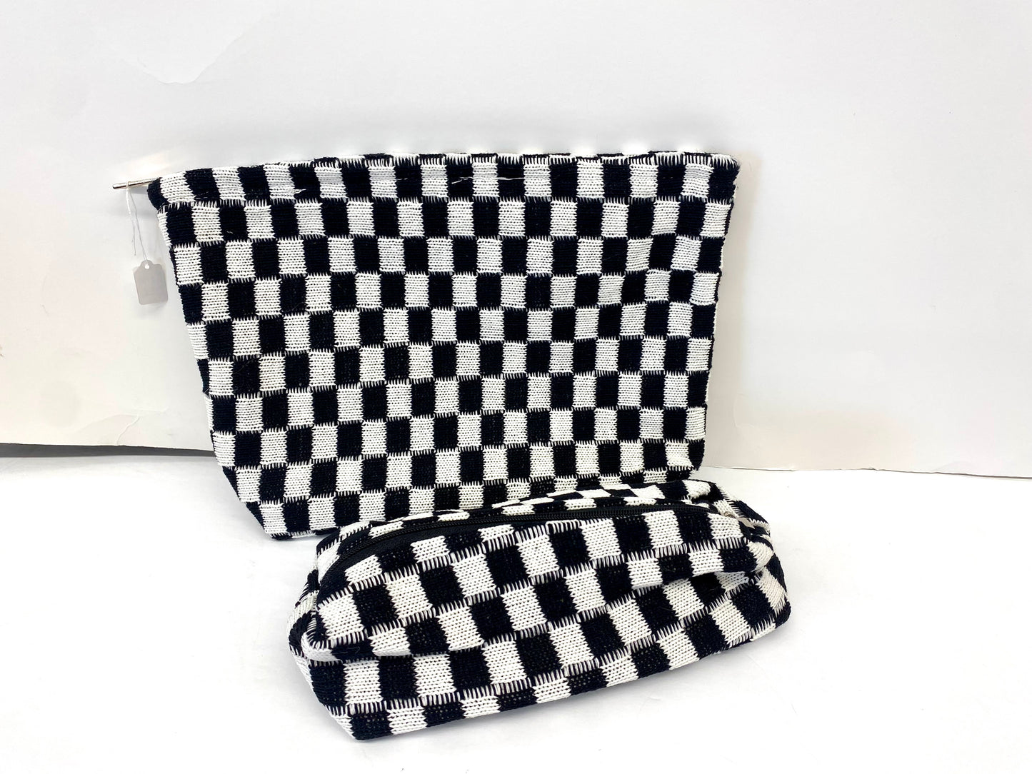 2-Piece Checkered Zip Canvas Makeup Bag / Black or Blue