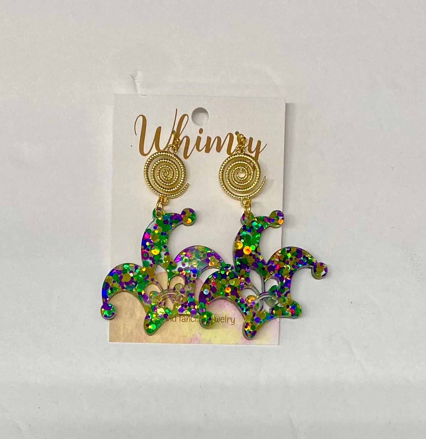 Mardi Gras Jester Hat Multicolored Glitter Earrings / Whimsy Jewels