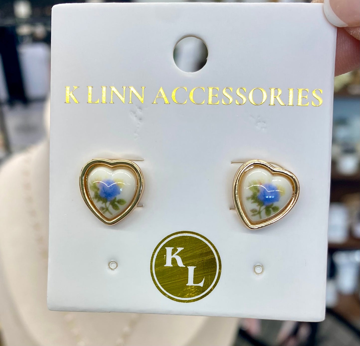 Gold Pearl Rose Heart Pendant & Earrings / Blue