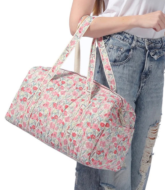 Pink Floral Quilted Weekender Tote Bag