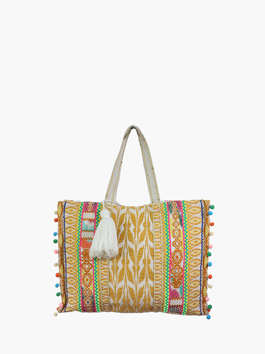 Jen & Co. Locke Boho Cotton Tote w/ Pom-Pom Trim: Yellow