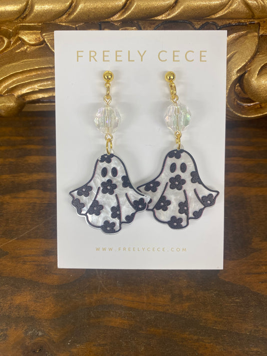 Ghost Earrings White Metallic w/Black Flowers by Freely CECE