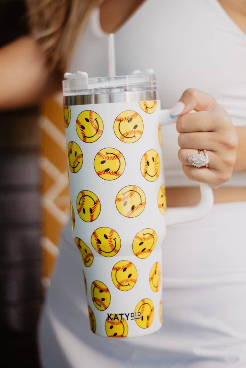 Softball Happy Face 40 Oz Tumbler: White