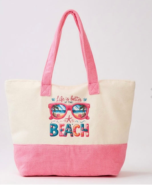 LIFE IS BETTER AT THE BEACH Sunglasses Graphic Printed Terry Tote Bag