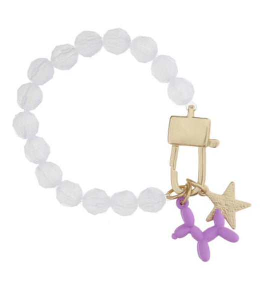 Kids White Beaded With Lobster Claw, Lavender Balloondog Hammered Star Bracelet .65”  .5” Pendants / Jane Marie