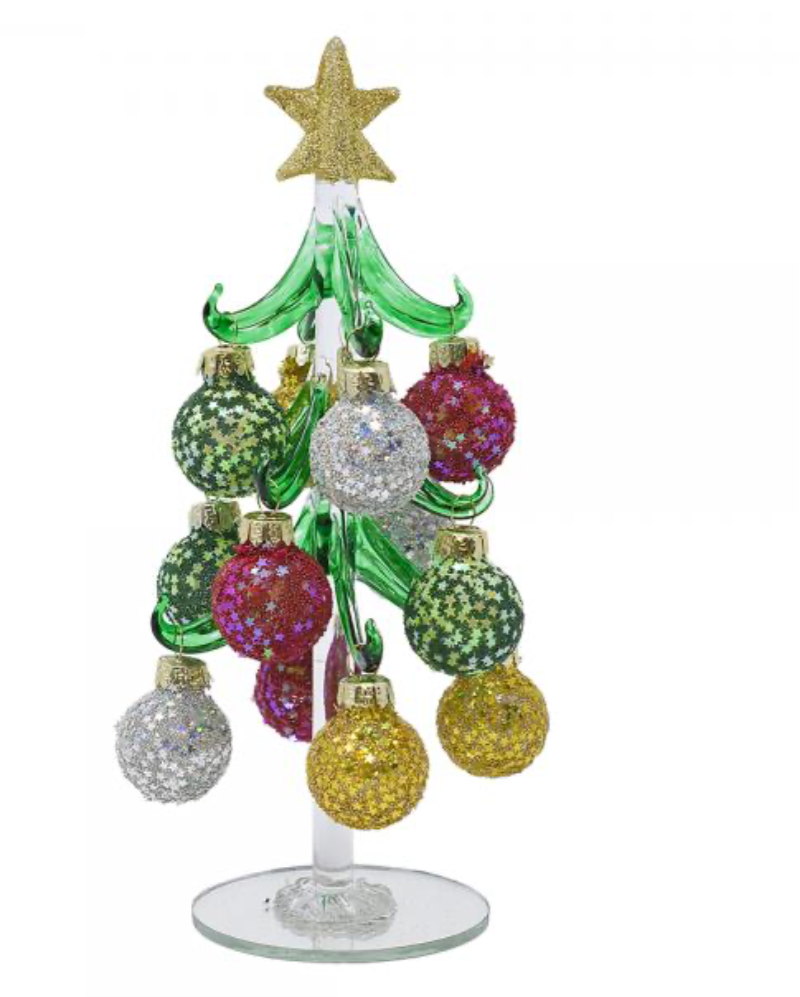 Green Glass Tree 8 inch with Glitter & Star Sequin Ornaments