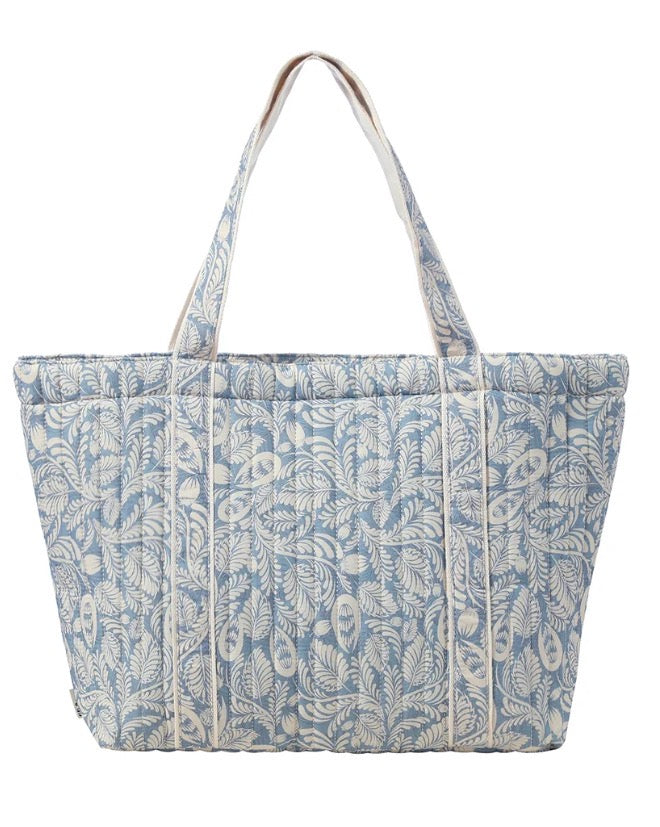 Blue Paisley Print Quilted Tote Bag with Shoulder Straps