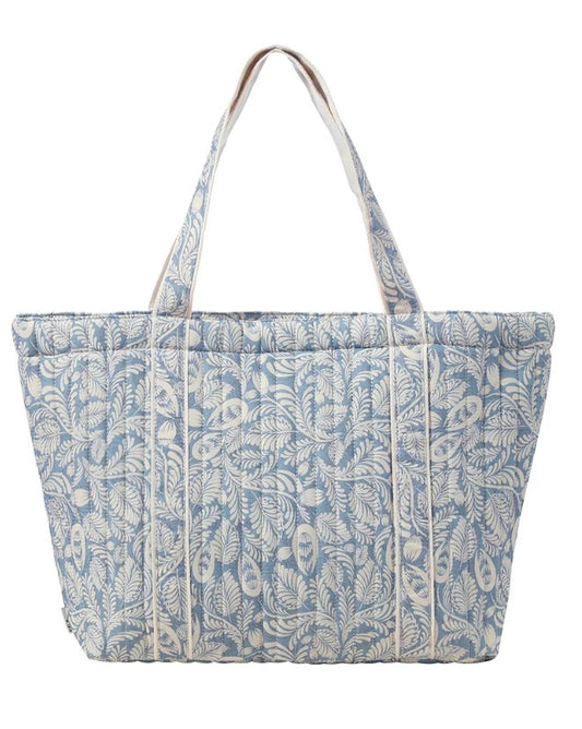 Blue Paisley Print Quilted Tote Bag with Shoulder Straps