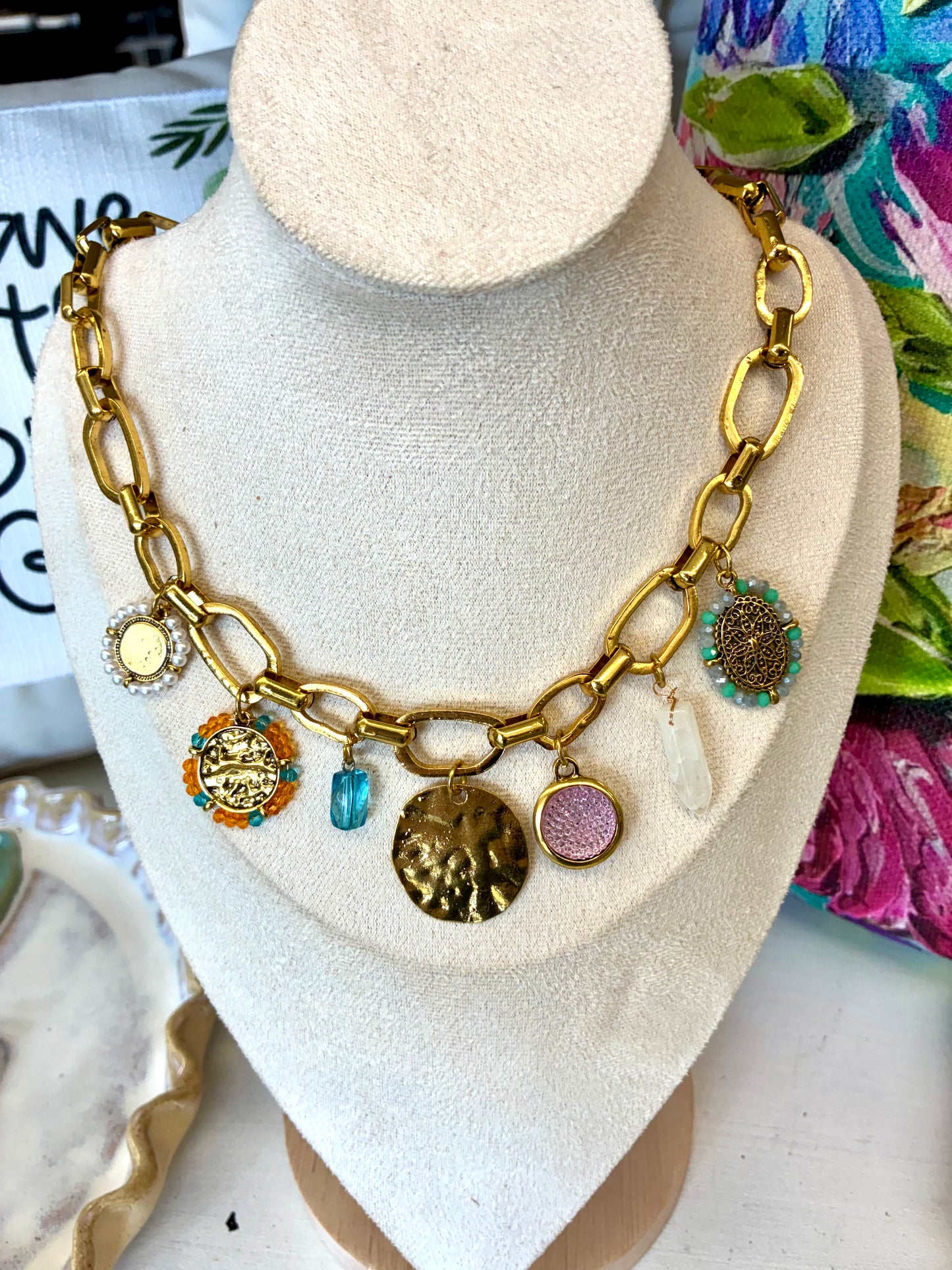 Bohemian-Style Chunky Paperclip Necklace with Multiple Unique Charms
