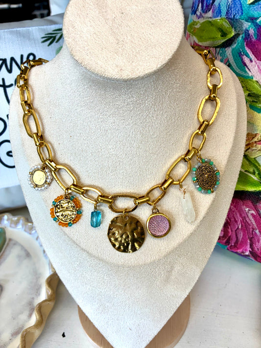 Bohemian-Style Chunky Paperclip Necklace with Multiple Unique Charms