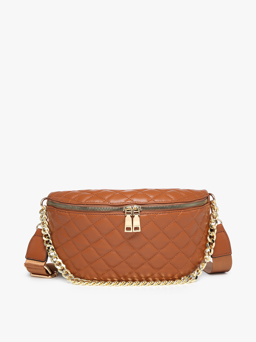 Sylvie Quilted Belt Bag with Chain Strap: Tan