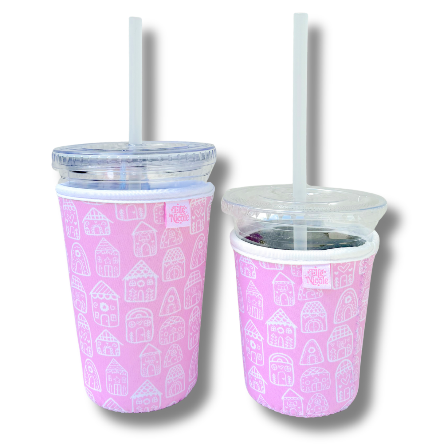 Coffee Cup Cover - Pink Gingerbread Houses - Iced Drink Sleeve Large / 24oz