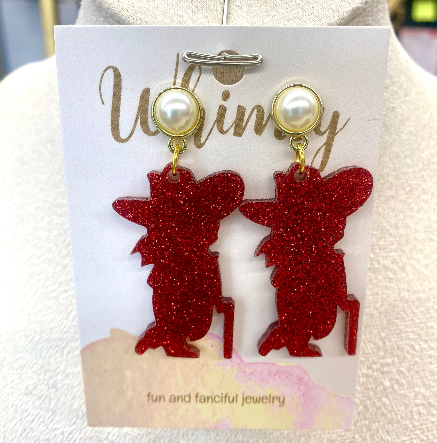 Colonel Reb Red Glitter Earrings with Pearl Stone