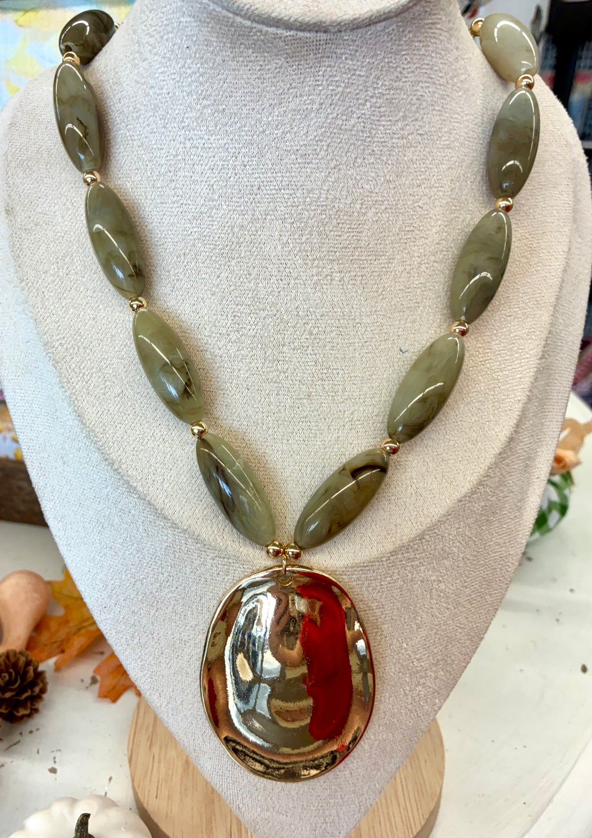 Beaded Green Marbled Necklace with Hammered Gold Pendant. Earrings Included