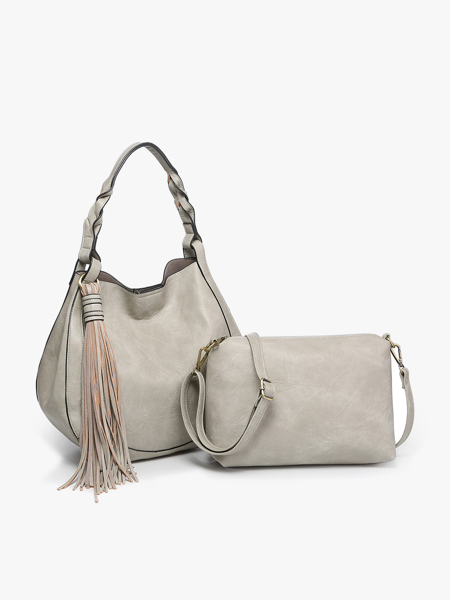 Jen & Co. Eloise Large Tassel Hobo w/ Braided Handle: Lt. Grey