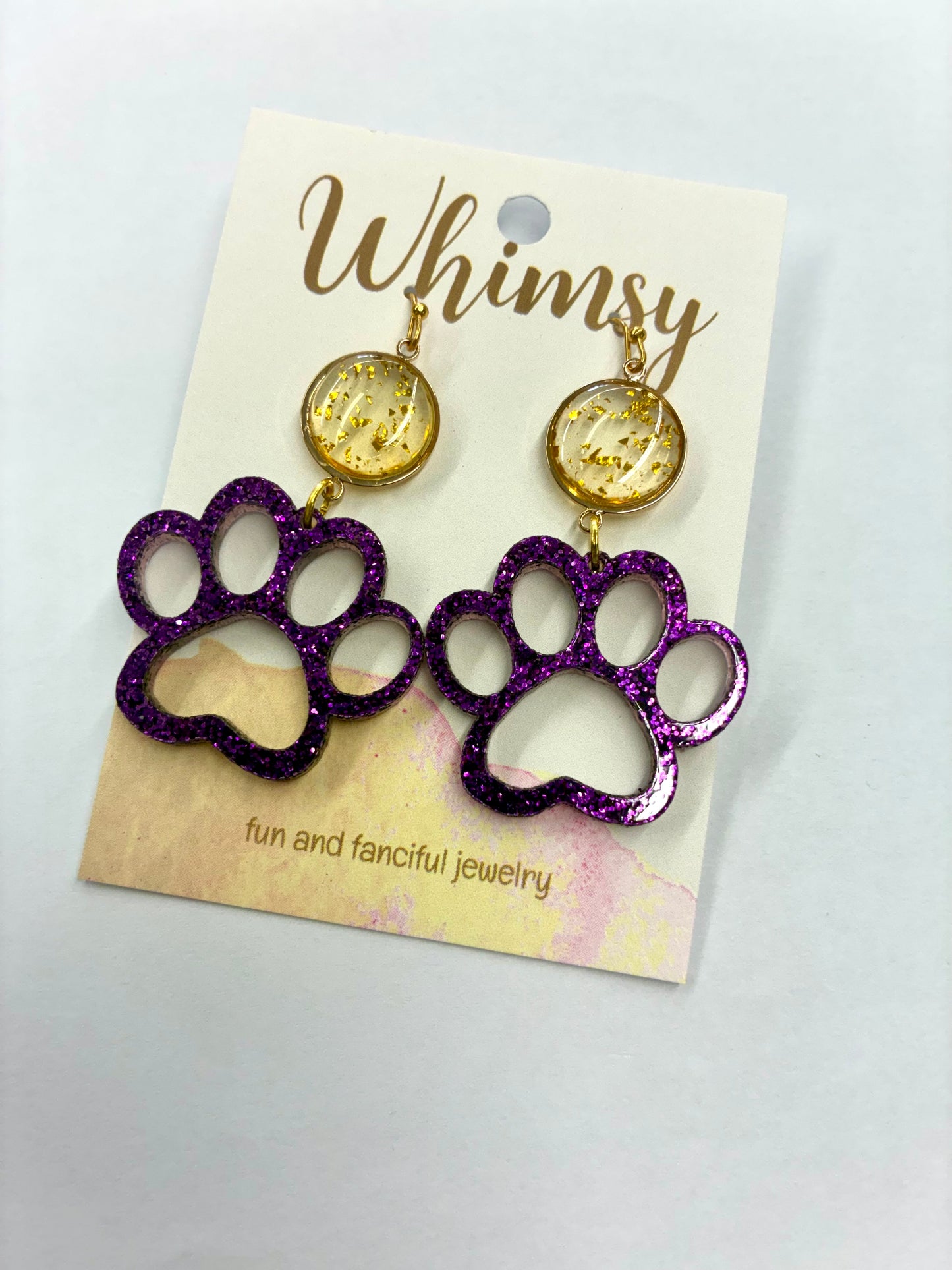 Purple Glitter Paw Earrings with Gold Hexagon Shaped Stone