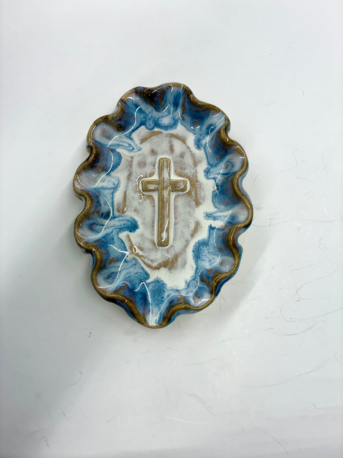 Ruffled Cross Dish 7x5” -Tab Boren Pottery #236