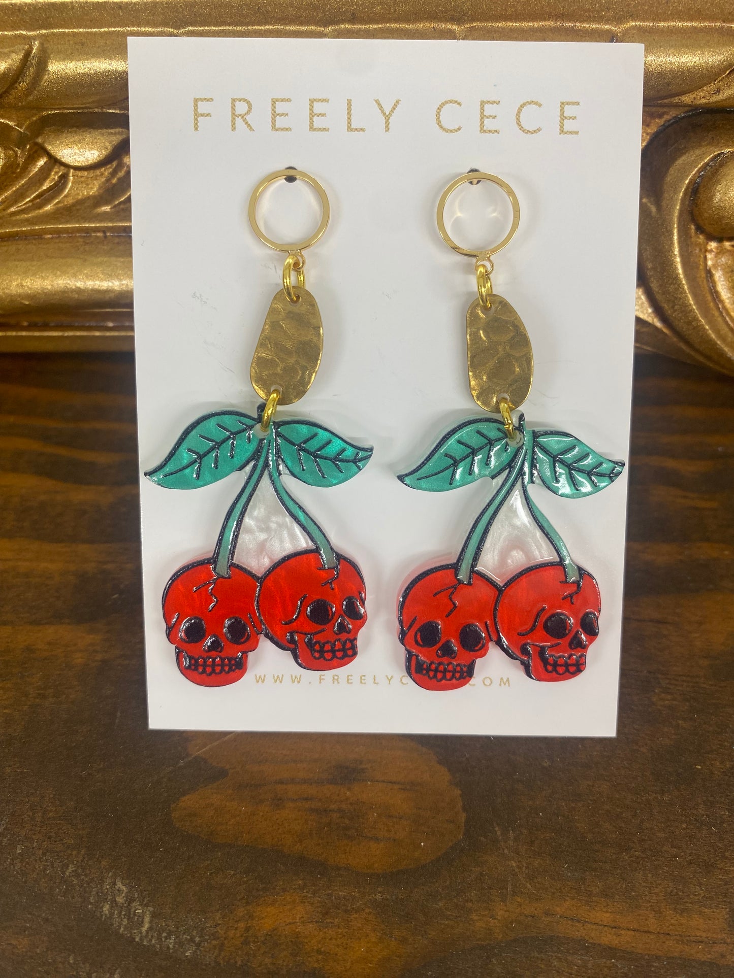 Cherry Skulls Red & Green Halloween Earrings by Freely CECE