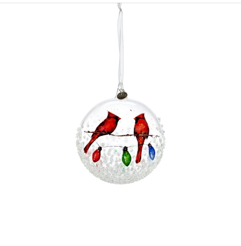 Cardinals on Light String Round Glass Ornament