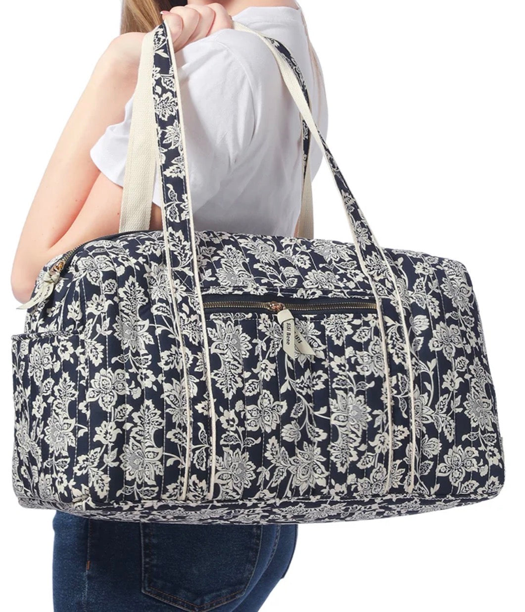 Navy Floral Quilted Weekender Tote Bag