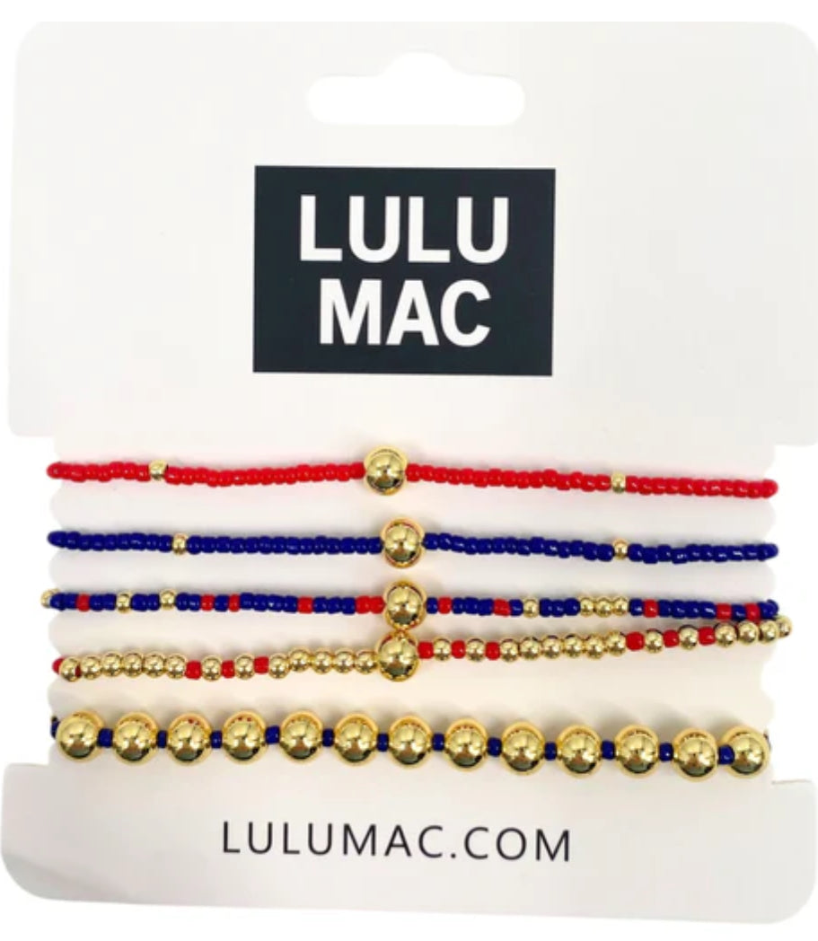 LULU MAC Navy & Red 5-Strand Gold Beaded Bracelet