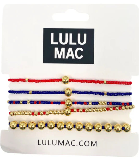 LULU MAC Navy & Red 5-Strand Gold Beaded Bracelet