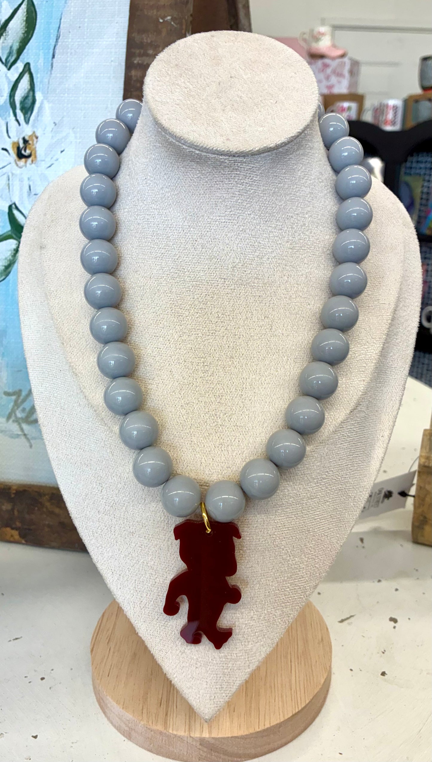 Beaded Gray Necklace with MSU Bulldog pendant