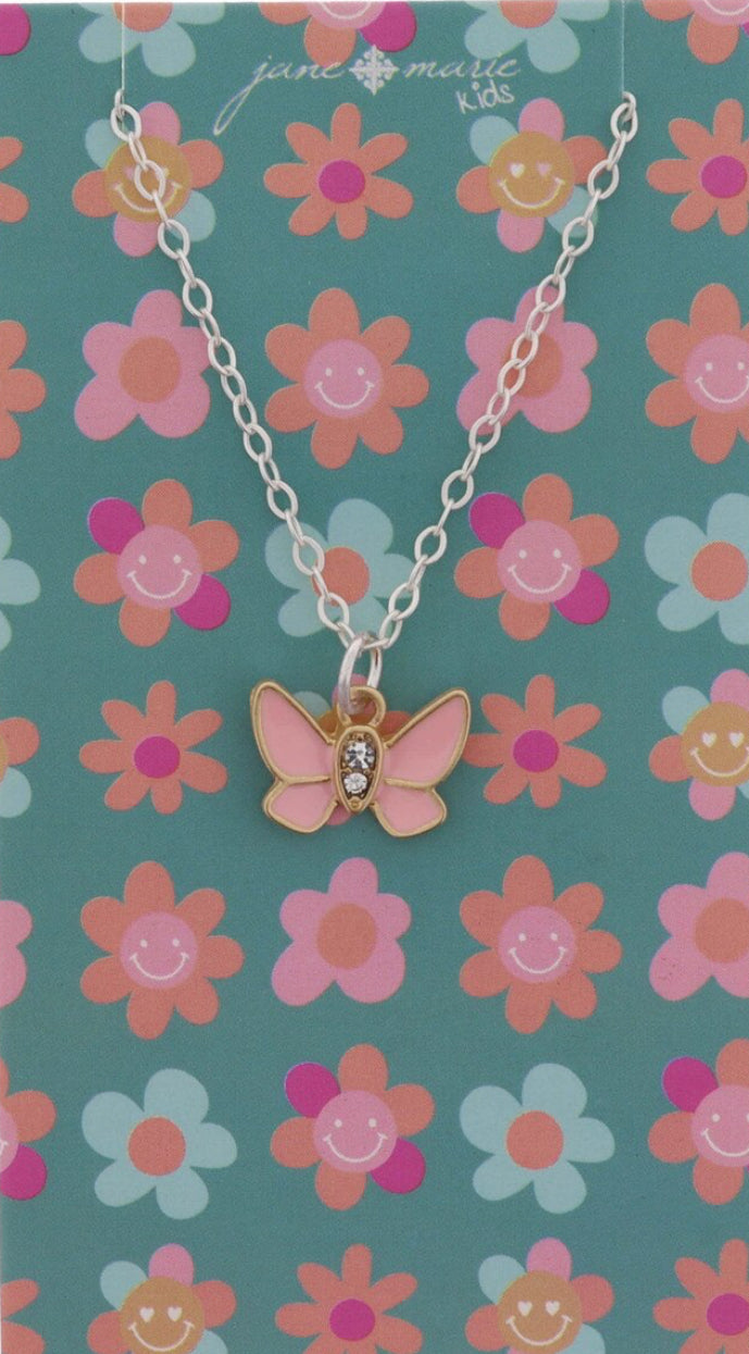 Kids Light Pink Enamel and Crystal Butterfly Necklace / Jane Marie