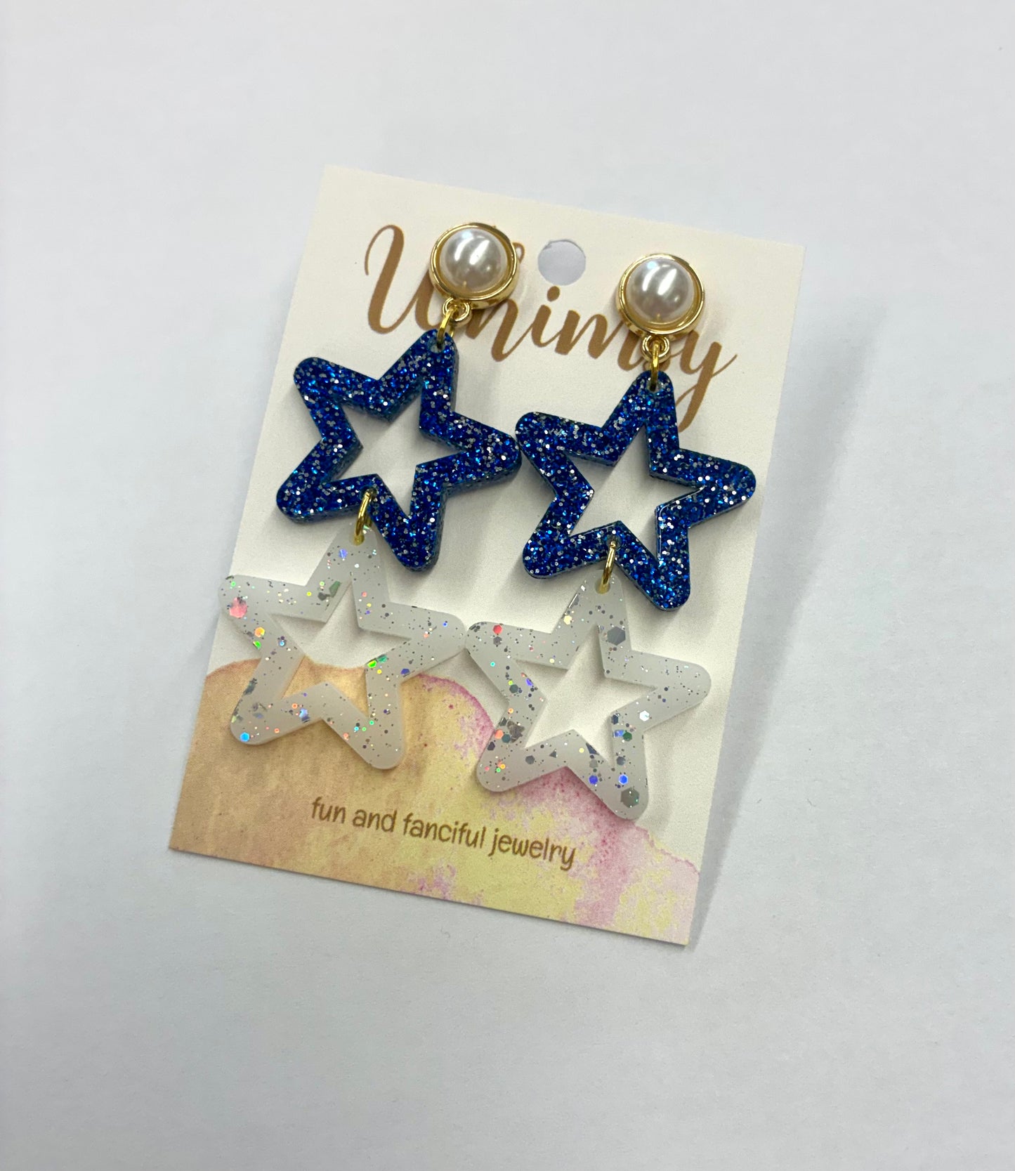 Double Star Blue & White Glitter Earrings with Oval Rhinestone