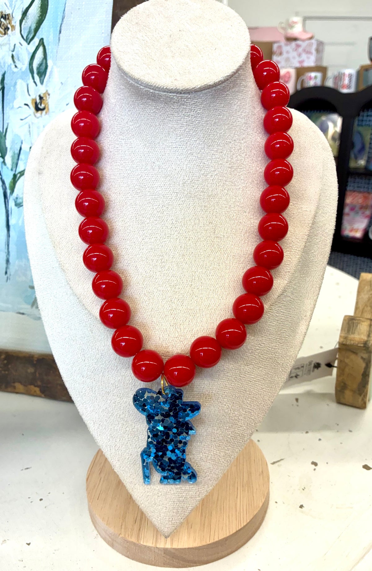 Red Beaded Necklace with Light Blue Glitter Colonel Rebel