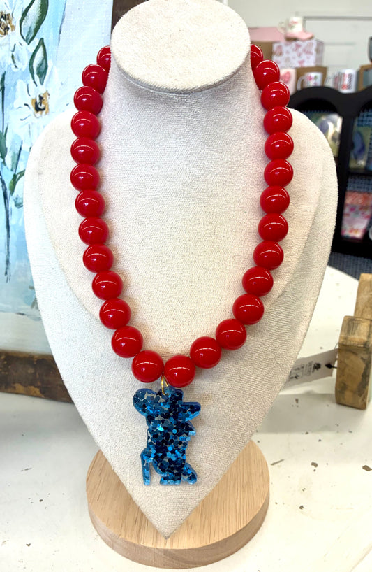 Red Beaded Necklace with Light Blue Glitter Colonel Rebel