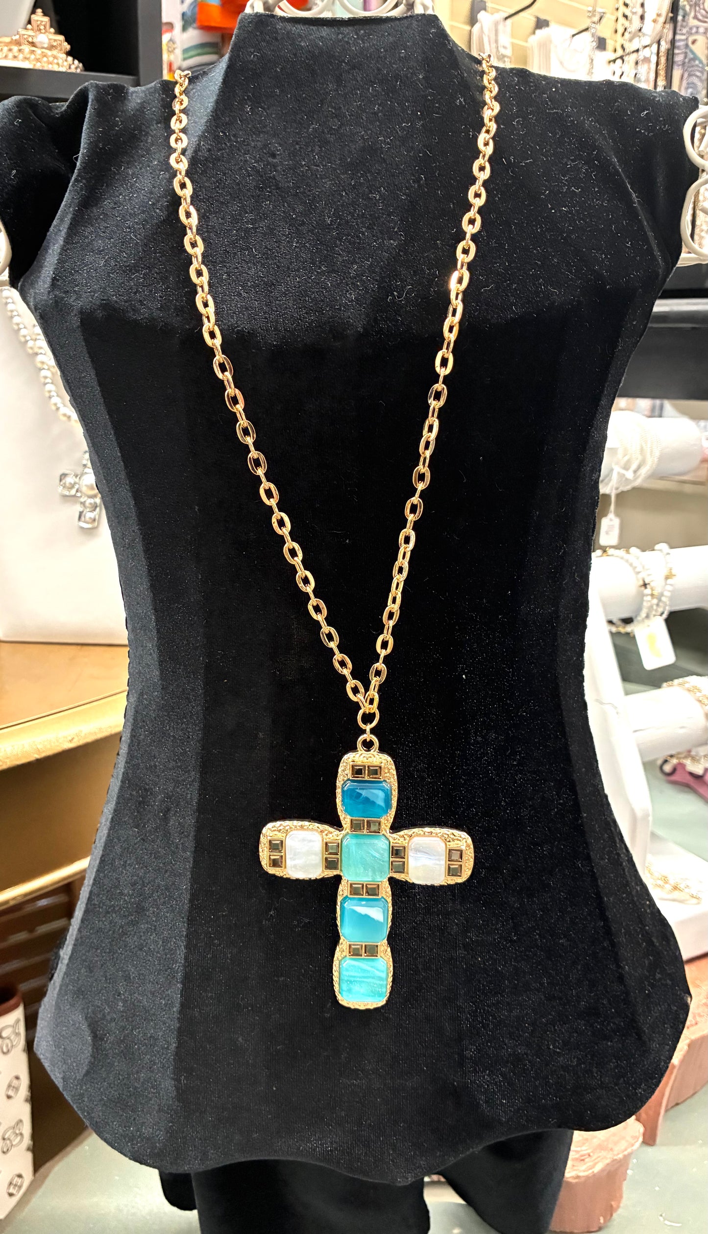 Pendant Blue Cross Long Gold Chain Necklace 34” + 2.5”