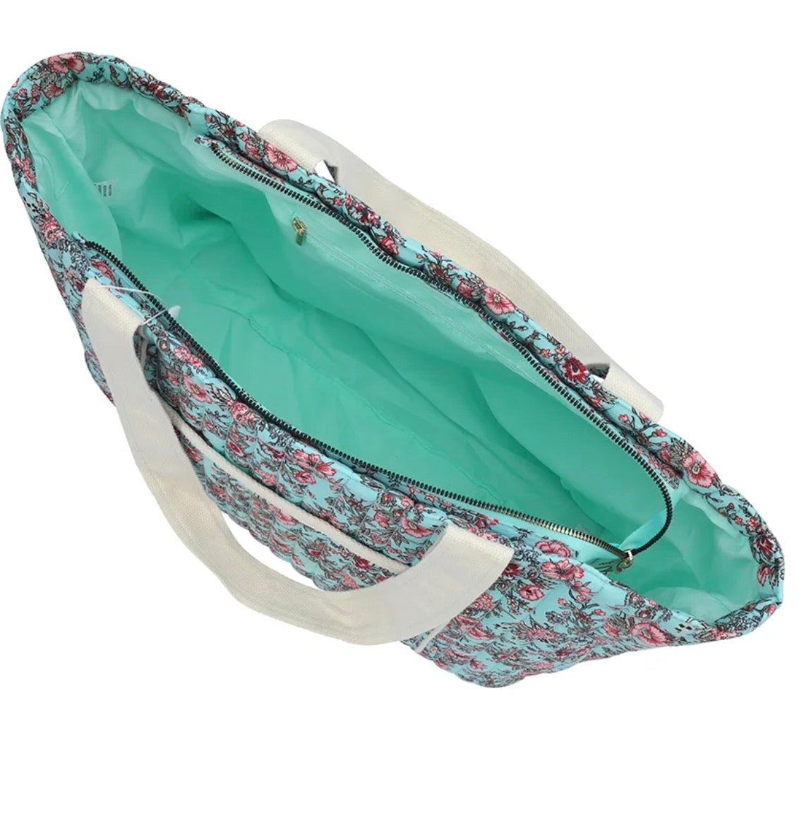 Floral Print Tote Bag with Shoulder Straps - Turquoise