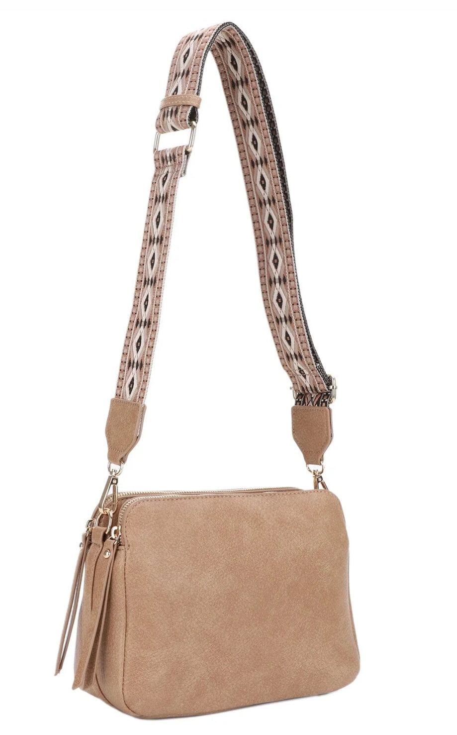 Mila 3-Compartment Crossbody Bag with Guitar Strap - Taupe