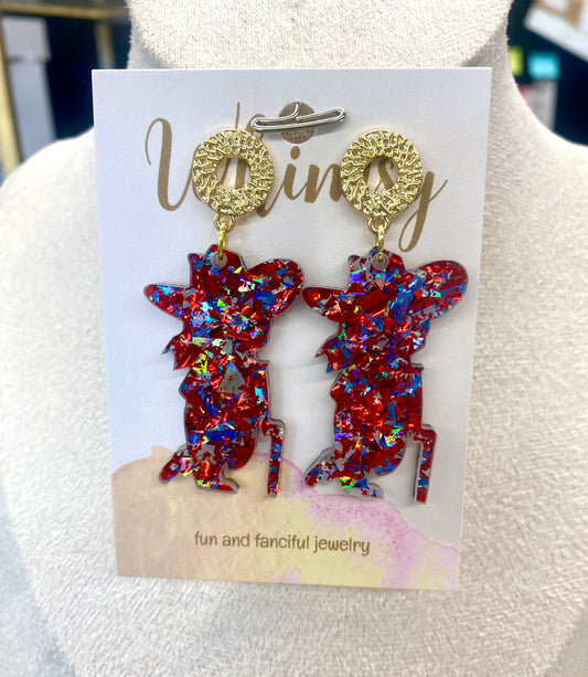 Red Glitter Colonel Rebel Earrings with Gold