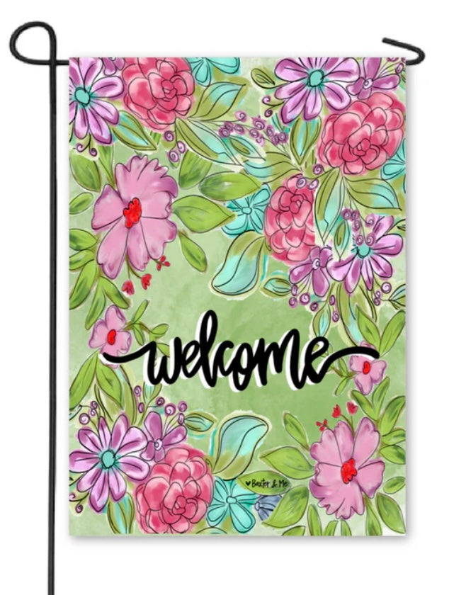 Welcome Pretty Pink & Purple Floral Garden Flag 12”x18” Baxter & Me