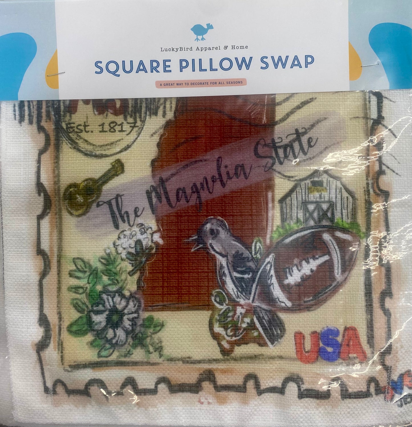 The Magnolia State Stamp Mississippi Square Pillow Swap Lucky Bird Co.