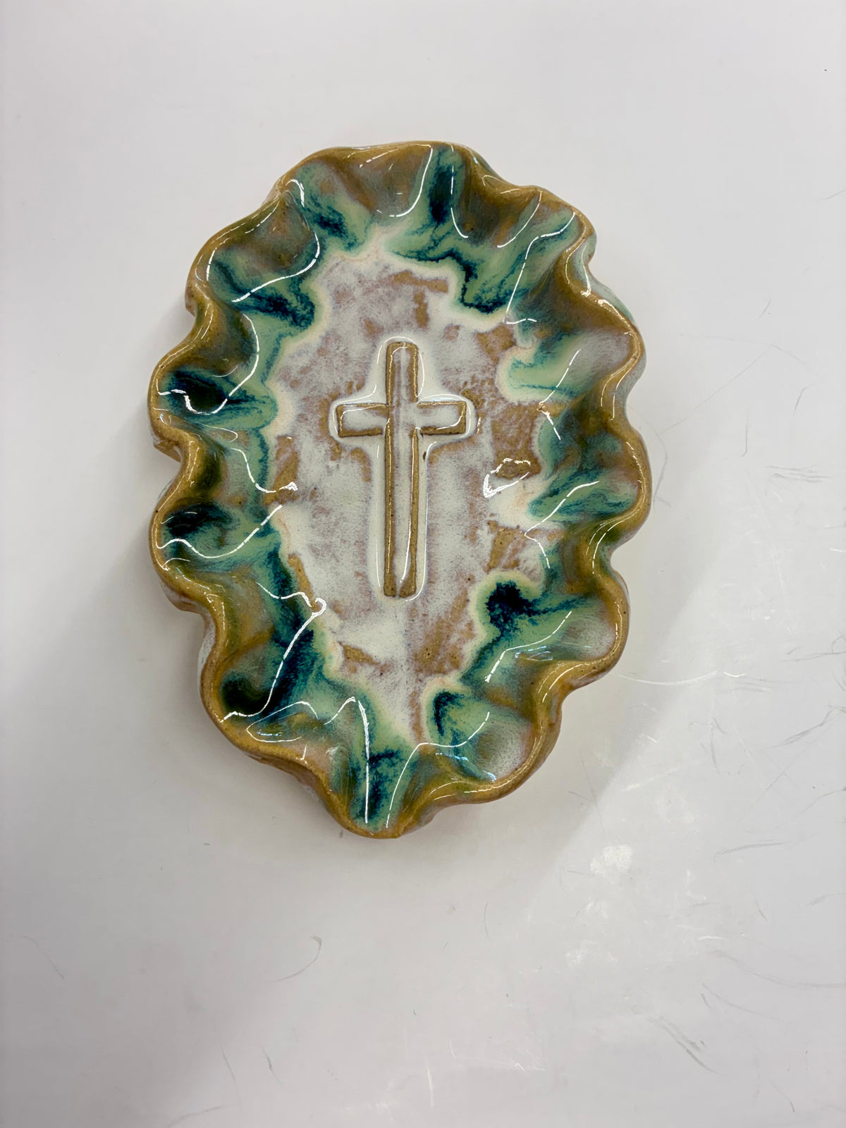 Ruffled Cross Dish 7x5” -Tab Boren Pottery #236