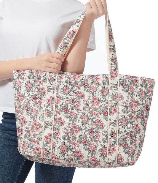 Ivory Floral Print Quilted Tote Bag with Shoulder Straps