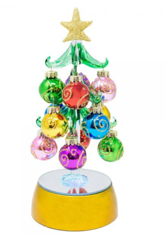 Green Glass LED 8” Tree with Swirl Ornaments
