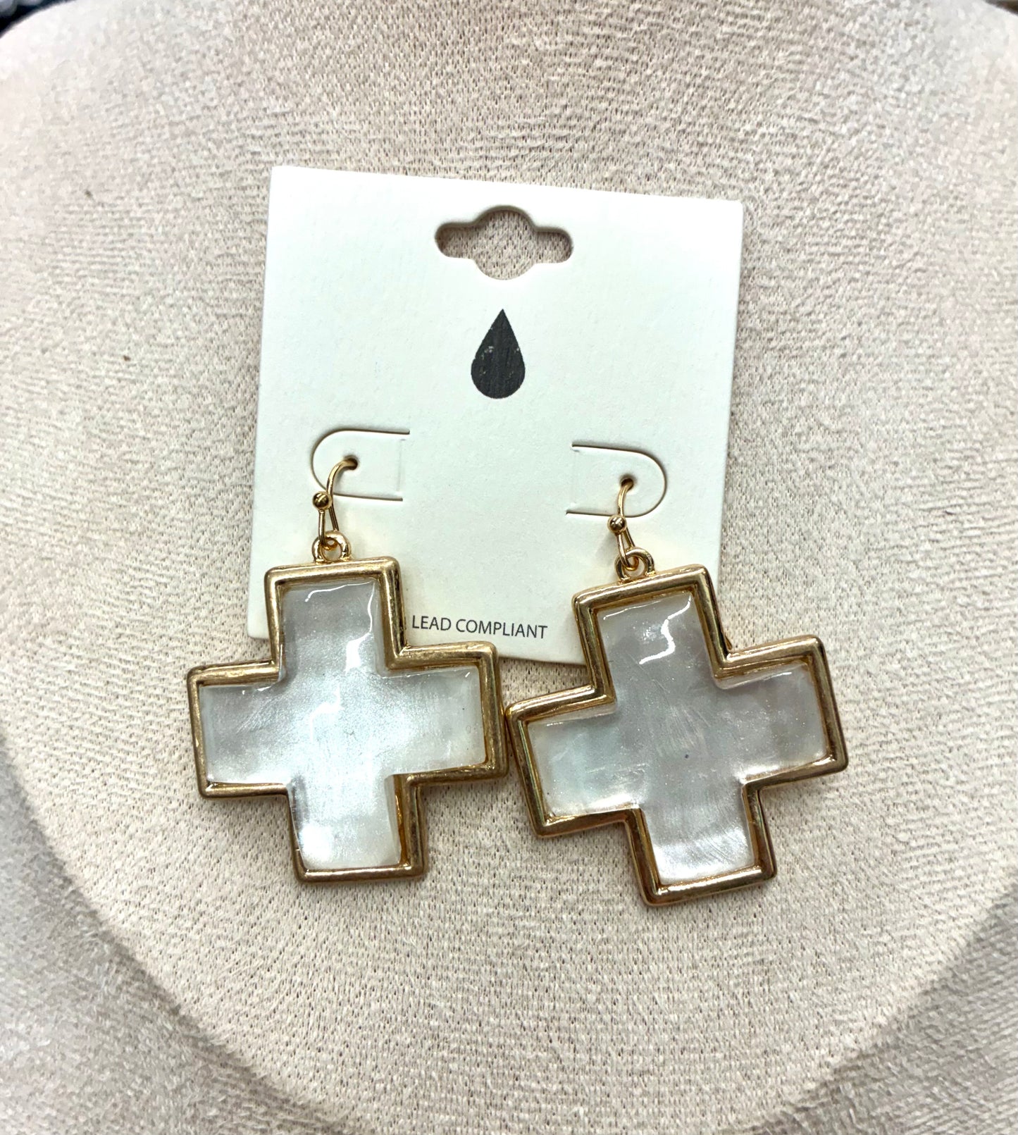 Gold Cross Dangle Earrings with Colored Glass