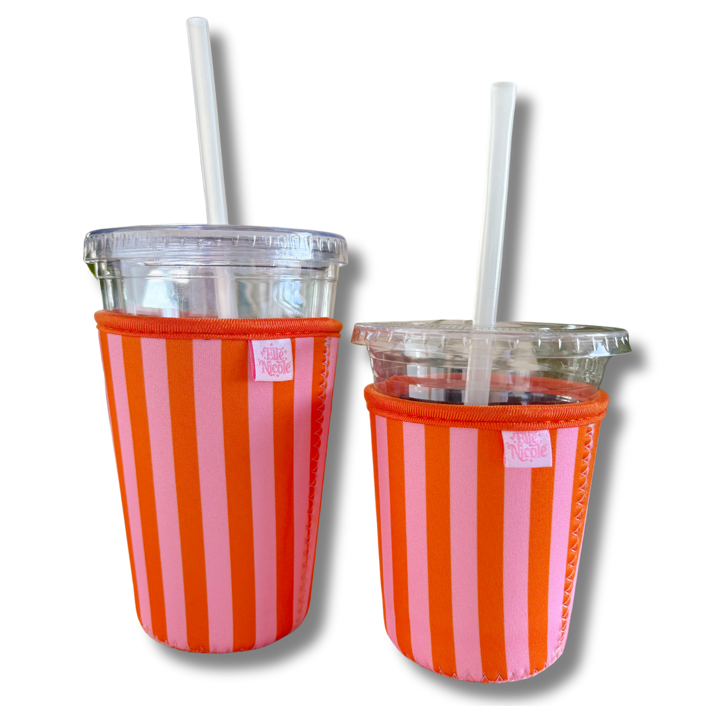 Coffee Cup Cover - Pink & Orange Stripes - Iced Drink Sleeve: Large / 24oz