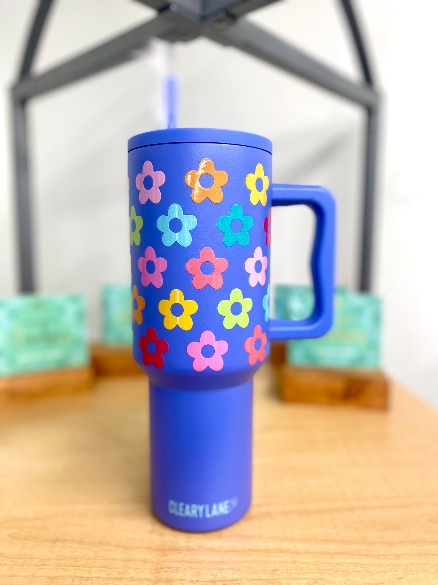 40oz Tumbler Indigo Blue with Rainbow Flowers / Cleary Lane